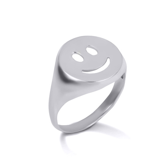 White Gold Happy Smiley Face Emoji Signet Ring