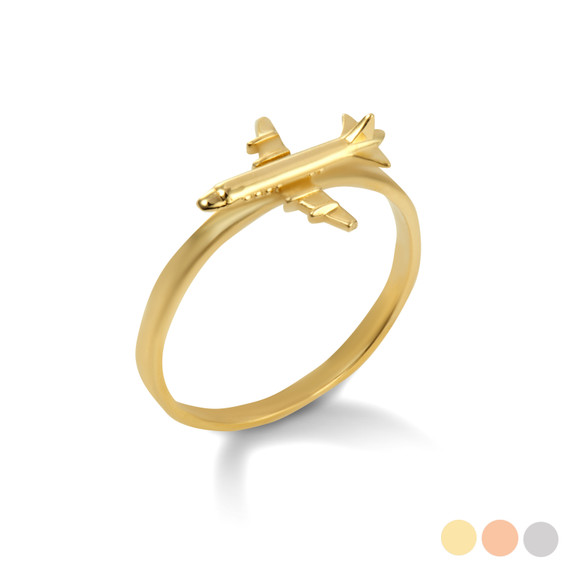 Yellow Gold Airplane Travel Lucky Charm Ring