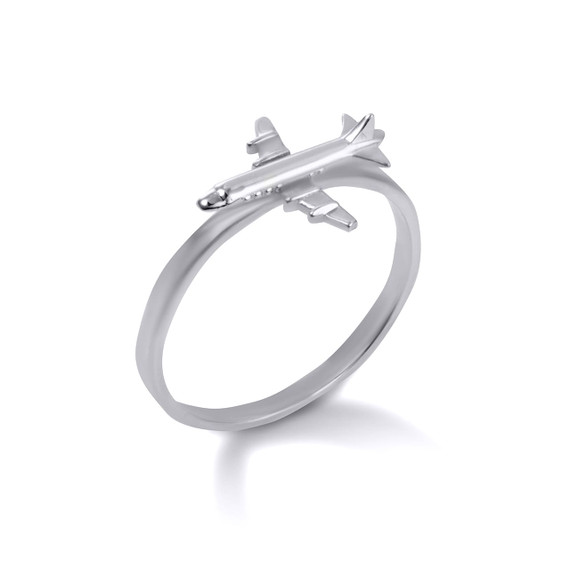 White Gold Airplane Travel Lucky Charm Ring