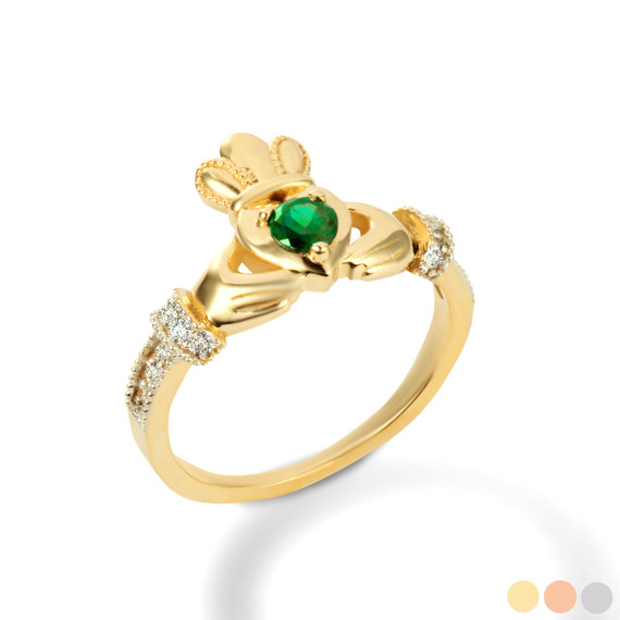 Yellow Gold Claddagh Love Heart Gemstone & CZ Friendship Ring