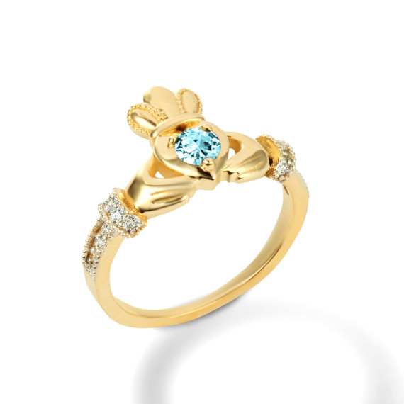 Yellow Gold Claddagh Aquamarine CZ Ring