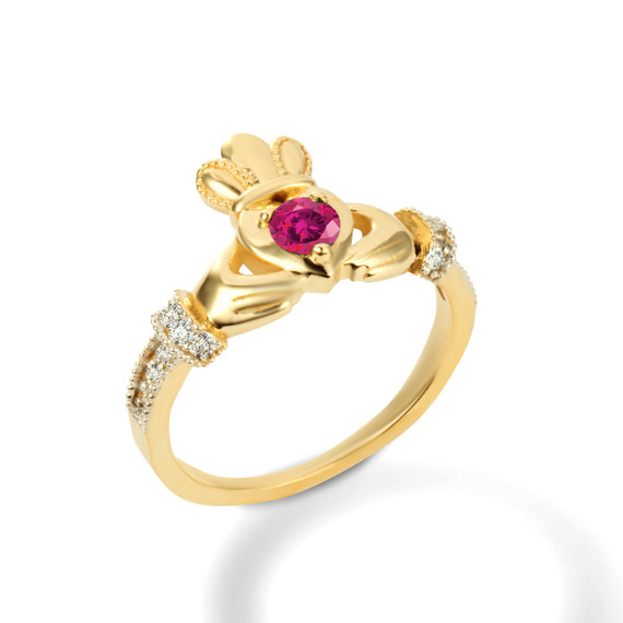 Yellow Gold Claddagh Ruby CZ Ring