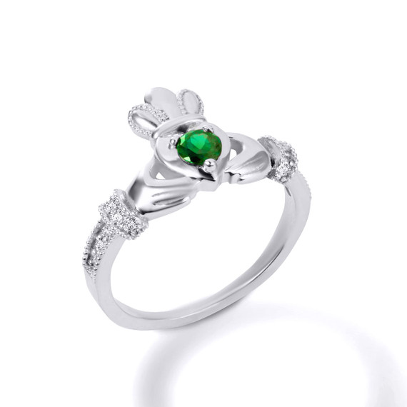 White Gold Claddagh Emerald & CZ Ring