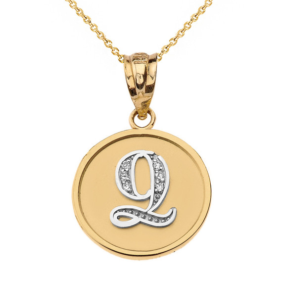 Solid (Ա-Ք) Two Tone Yellow Gold Armenian Initial Diamond Disc Pendant Necklace