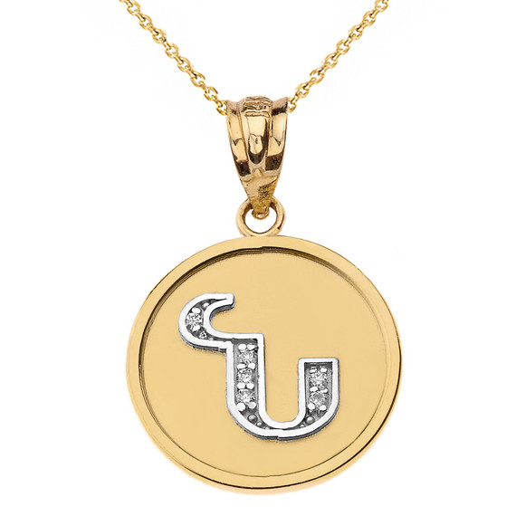Solid (Ա-Ք) Two Tone Yellow Gold Armenian Initial Diamond Disc Pendant Necklace