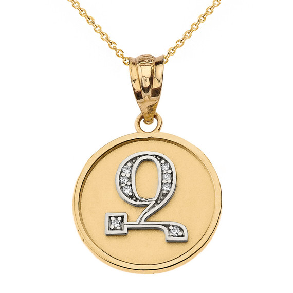 Solid (Ա-Ք) Two Tone Yellow Gold Armenian Initial Diamond Disc Pendant Necklace