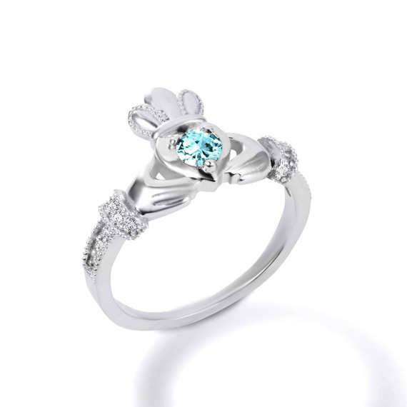 Silver Claddagh Love Heart Aquamarine Birthstone & Cubic Zirconia Friendship Ring