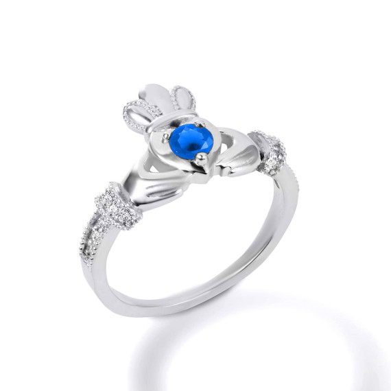 Silver Claddagh Love Heart Sapphire Birthstone & Cubic Zirconia Friendship Ring
