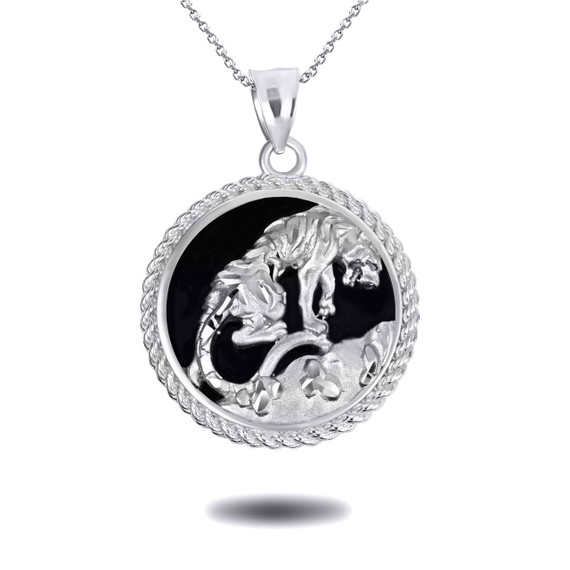 Silver Black Onyx Tiger Diamond Cut Pendant Necklace