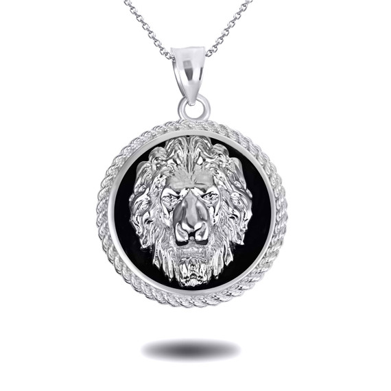 White Gold Black Onyx Lion Head King Of The Jungle Pendant Necklace