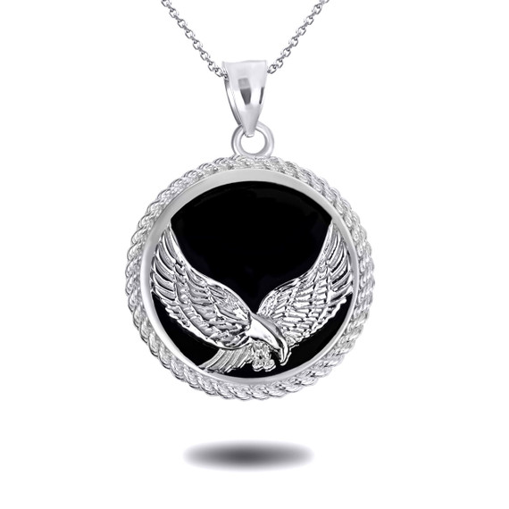 White Gold Black Onyx Soaring Freedom Eagle Pendant Necklace