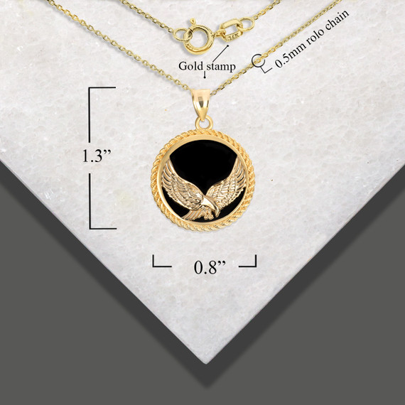 Gold Black Onyx Soaring Freedom Eagle Pendant Necklace with measurement