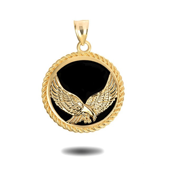 Gold Black Onyx Soaring Freedom Eagle Pendant Necklace (Available in Yellow/White Gold)