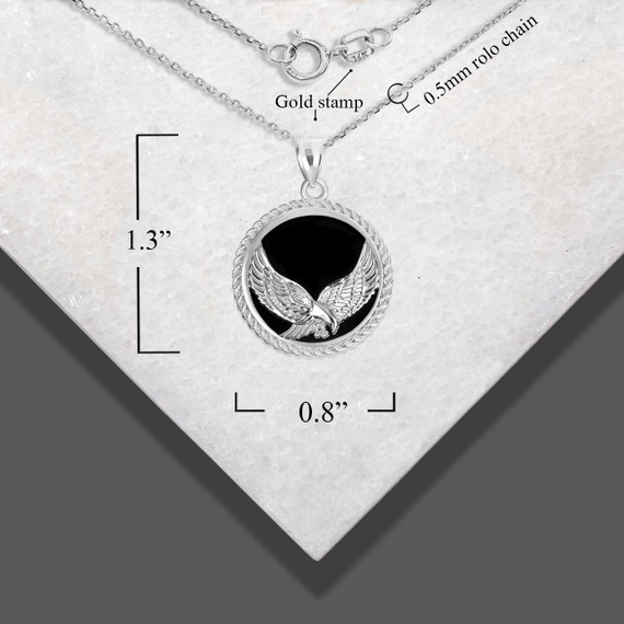 .925 Sterling Silver Black Onyx Soaring Freedom Eagle Pendant Necklace with measurement