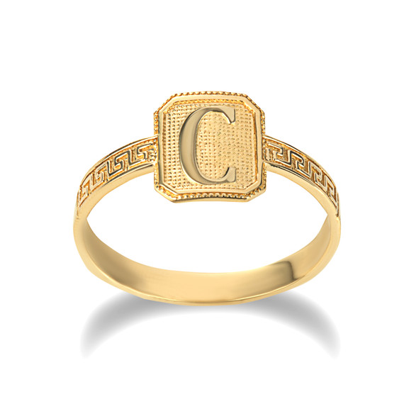 Yellow Gold Initial "C" Textured Greek Key Statement Ring