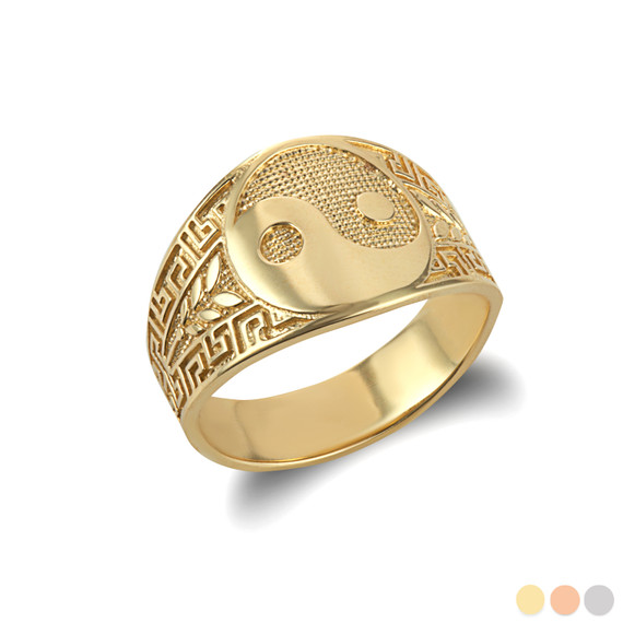 Yellow Gold Large Chinese Yin & Yang Tai Chi Textured Greek Key Olive Branch Ring