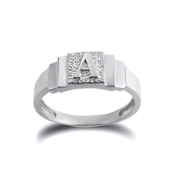White Gold Textured Initial Letter A Ring