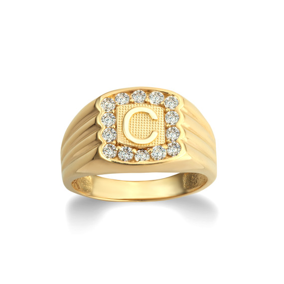 Yellow Gold Cubic Zirconia Letter "C" Initial Signet Ring