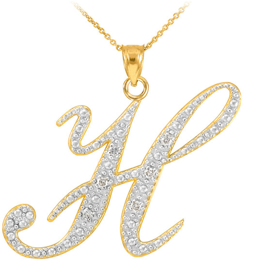 10K Yellow Gold Letter "H" Initial Script Diamond Pendant Necklace