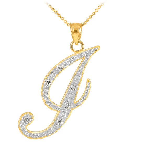 10K Yellow Gold Letter "J" Initial Script Diamond Pendant Necklace