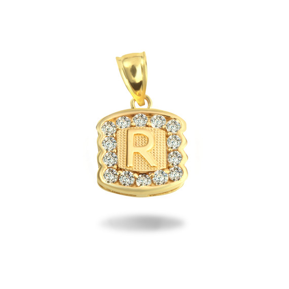 Gold Hammered CZ Initial Letter "R" Pendant