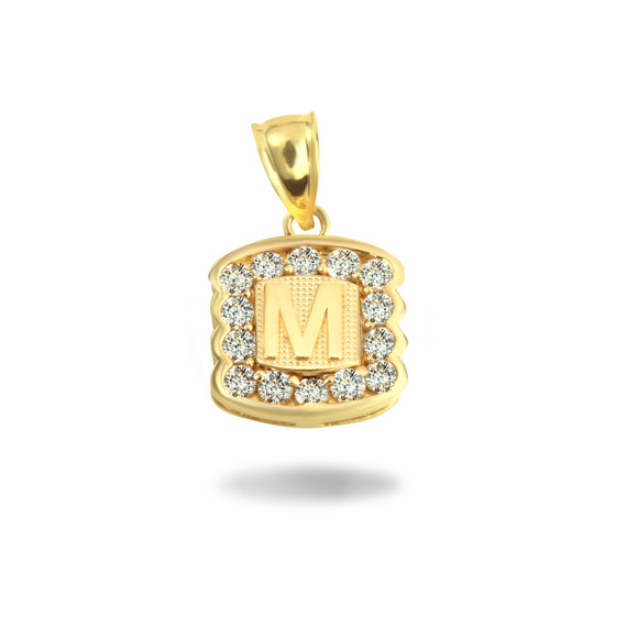 Gold Hammered CZ Initial Letter "M" Pendant