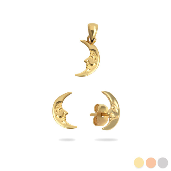 Gold Crescent Moon Pendant/Necklace & Earrings Set