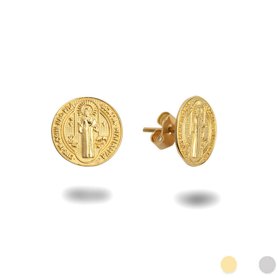 14K Gold Saint Benedict Medallion Stud Earrings(Available in Yellow/White)