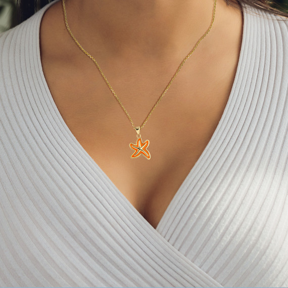 Yellow Gold Sea Starfish Orange Enamel Ocean Pendant Necklace on female model
