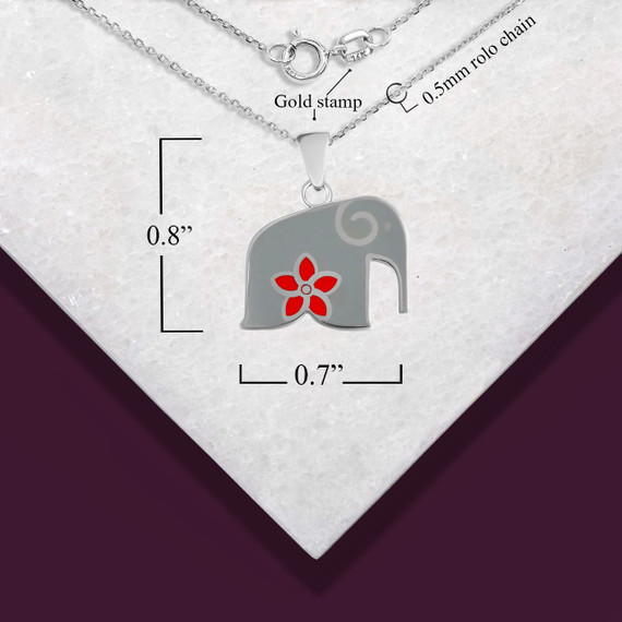 Silver Elephant Red Hawaiian Plumeria Flower Enamel Pendant Necklace with measurements