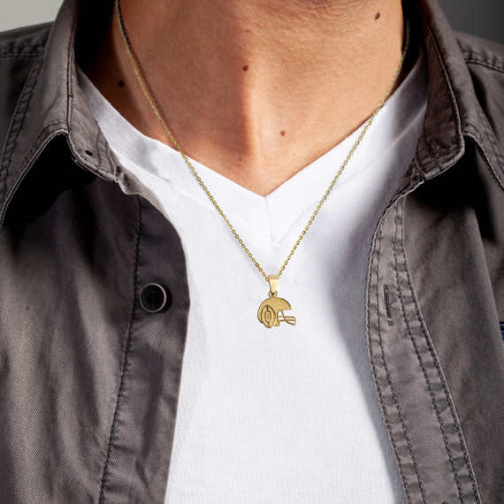 Yellow Gold Football Helmet Sports Pendant Necklace on Male Model