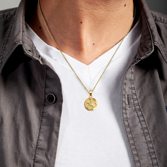 Yellow Gold Soccer Ball Sports Pendant Necklace on Male Model