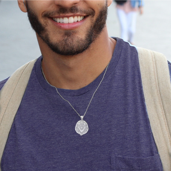 Silver Lion King of the Jungle Pendant Necklace on male model