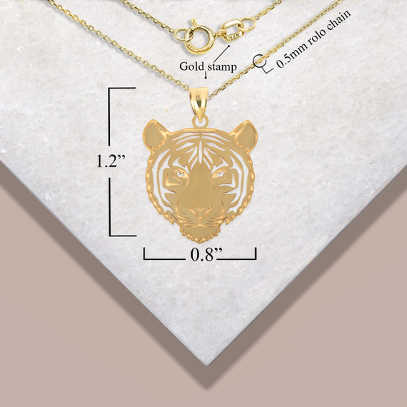 Yellow Gold Tiger Symbol of Strength Pendant Necklace with Measurements