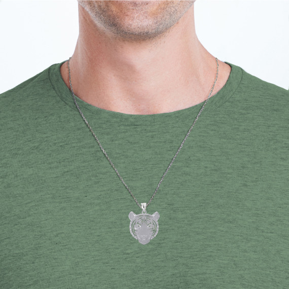 .925 Sterling Silver Tiger Pendant Necklace on Male Model