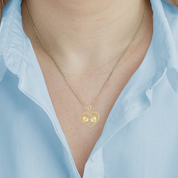 Yellow Gold Engravable Letter "A-Z" Initial Heart Pendant Necklace on female model
