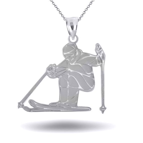 White Gold Engravable Skier Sports Snow Ski Fitness Pendant Necklace