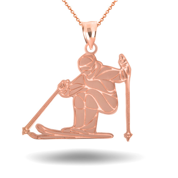 Rose Gold Engravable Skier Sports Snow Ski Fitness Pendant Necklace