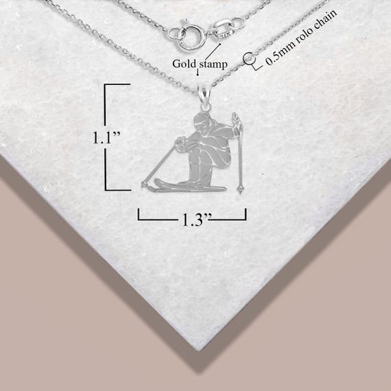 .925 Sterling Silver Engravable Snow Skier Sports Pendant Necklace with measurements