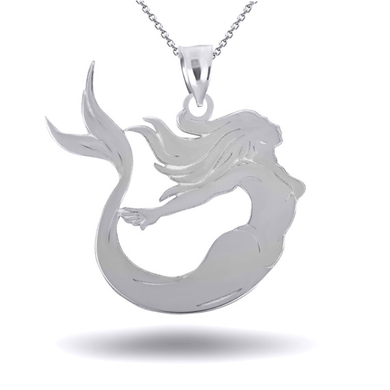 White Gold Engravable Sea Mermaid Ocean Pendant Necklace