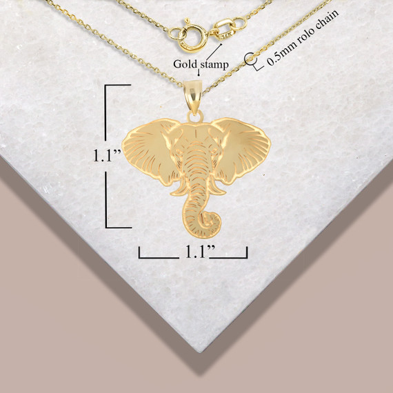 Yellow Gold Elephant Symbol of Luck Pendant Necklace with Measurements