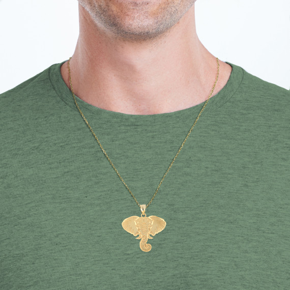 Yellow Gold Elephant Symbol of Luck Pendant Necklace on Male Model