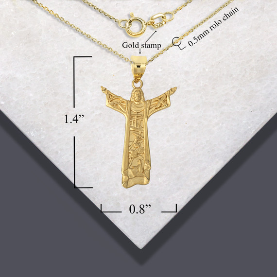 Gold Jesus Christ the Redeemer Rio de Janeiro Brazil Pendant Necklace with measurements
