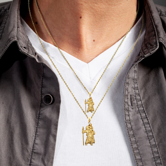Gold Saint Christopher Patron Saint of Travelers Pendant Necklace on male model