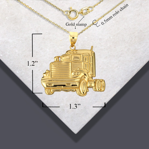 Gold Big Rig Semi Truck Driver Pendant Necklace with measurements