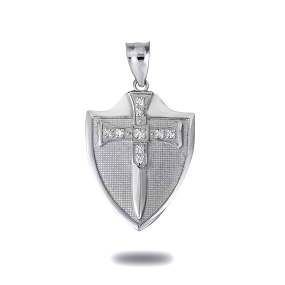 White Gold Saint Michael Sword & Shield CZ Pendant