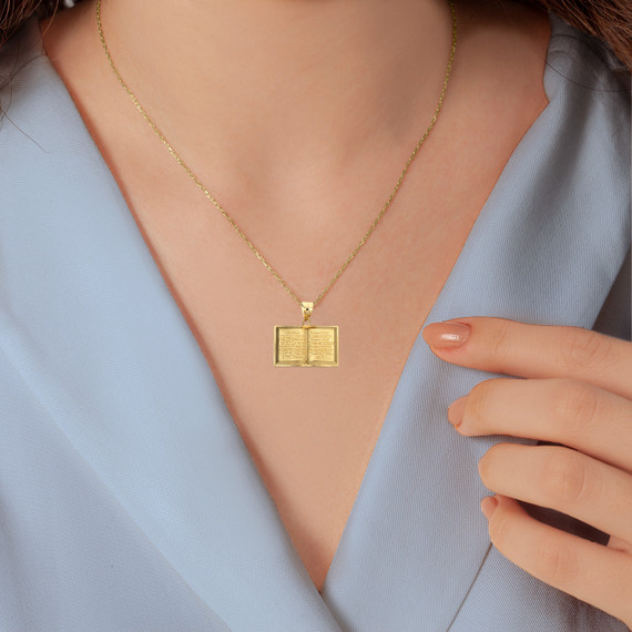 Yellow Gold English Open Bible Pendant Necklace on Female Model