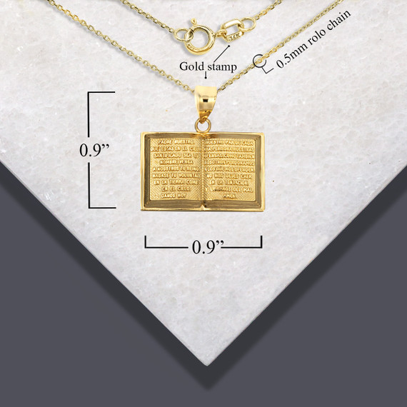 Yellow Gold Spanish Open Bible Pendant Necklace with Measurements