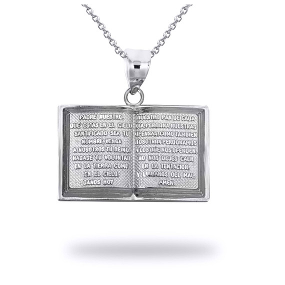 White Gold Spanish Open Bible Pendant Necklace