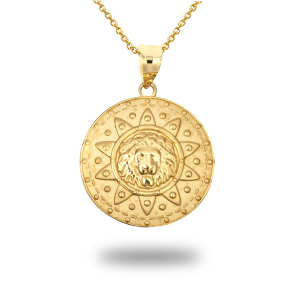 Gold Lion Head Sun Shield of Protection Pendant Necklace (Available in Yellow/Rose/White Gold)